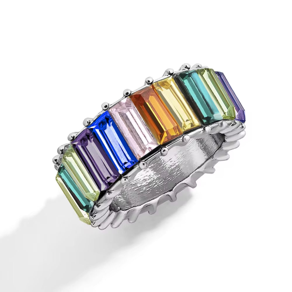 Boho Rainbow Crystal White Rings Women Fashion Brilliant Baguette Cubic Zirconia Color Stone Ring Female Wedding Party Jewelry