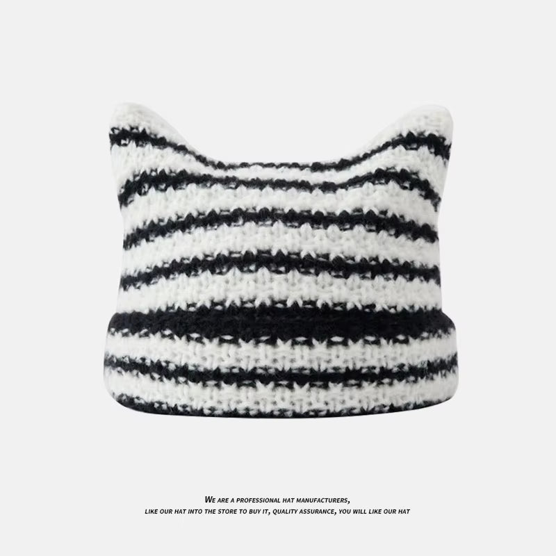 Beanie Hat Ins Little Devil Striped Knitted Wool Cap Autumn and Winter Crochet Cute Cat Ears Pointed Pullover Women'S Hats