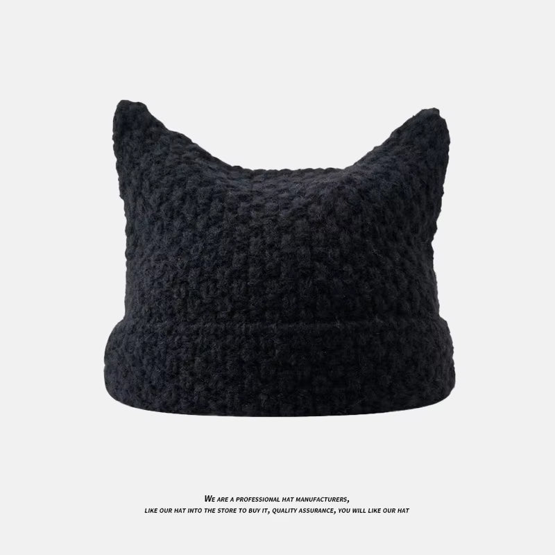 Beanie Hat Ins Little Devil Striped Knitted Wool Cap Autumn and Winter Crochet Cute Cat Ears Pointed Pullover Women'S Hats