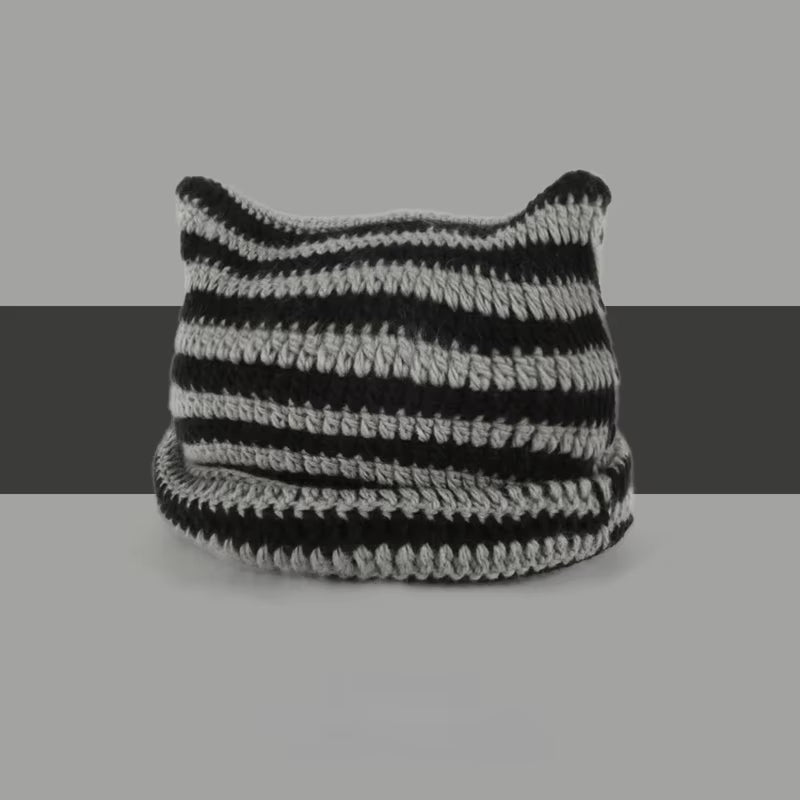 Beanie Hat Ins Little Devil Striped Knitted Wool Cap Autumn and Winter Crochet Cute Cat Ears Pointed Pullover Women'S Hats