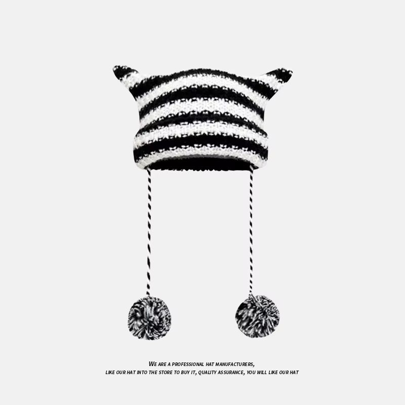 Beanie Hat Ins Little Devil Striped Knitted Wool Cap Autumn and Winter Crochet Cute Cat Ears Pointed Pullover Women'S Hats