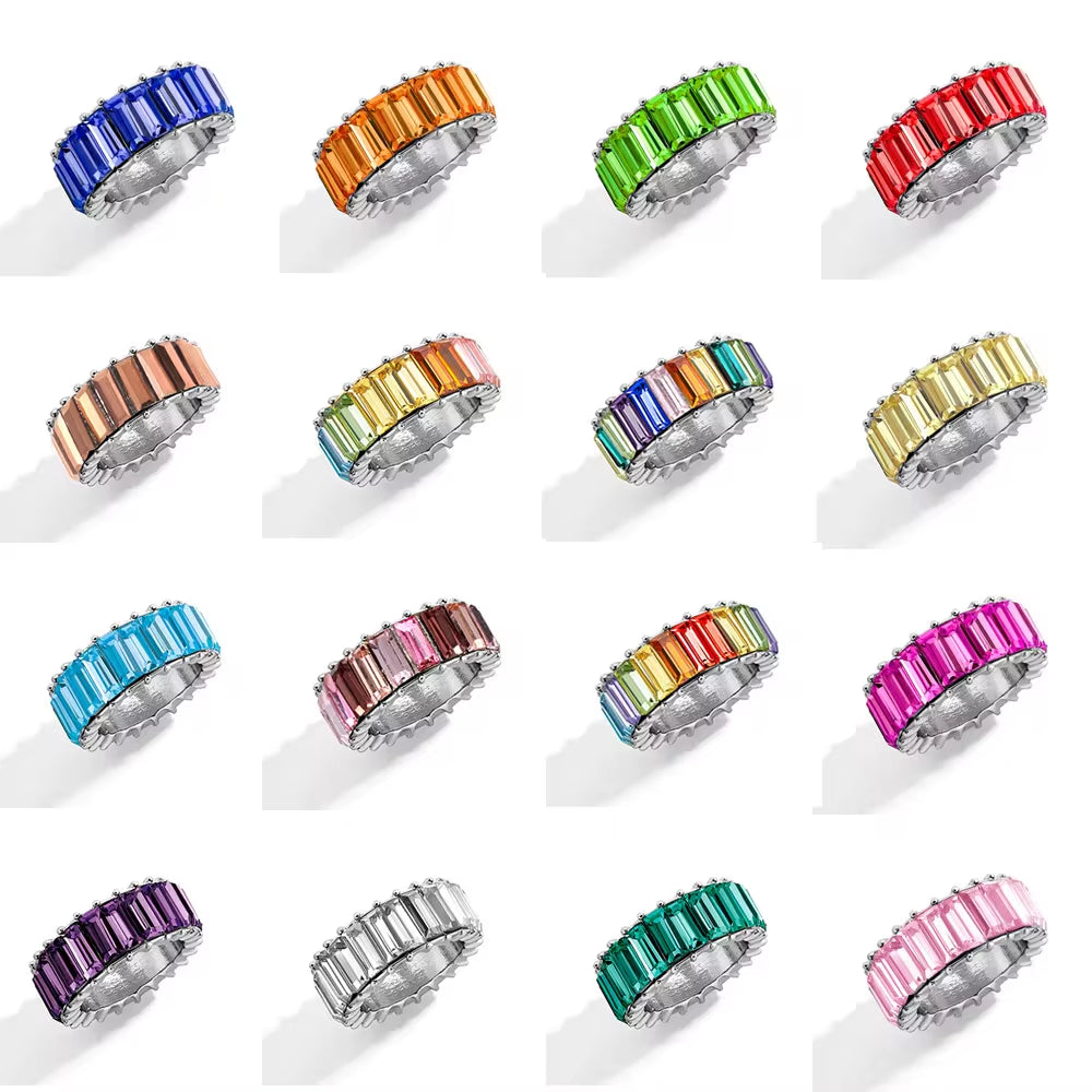 Boho Rainbow Crystal White Rings Women Fashion Brilliant Baguette Cubic Zirconia Color Stone Ring Female Wedding Party Jewelry